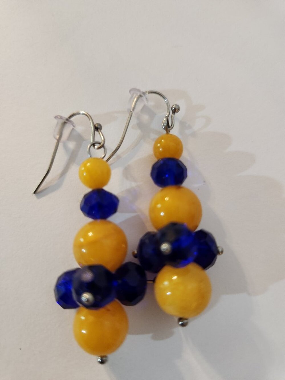 Hand Crafted Pierced Beaded Dangle Earrings Yellow Royal Blue